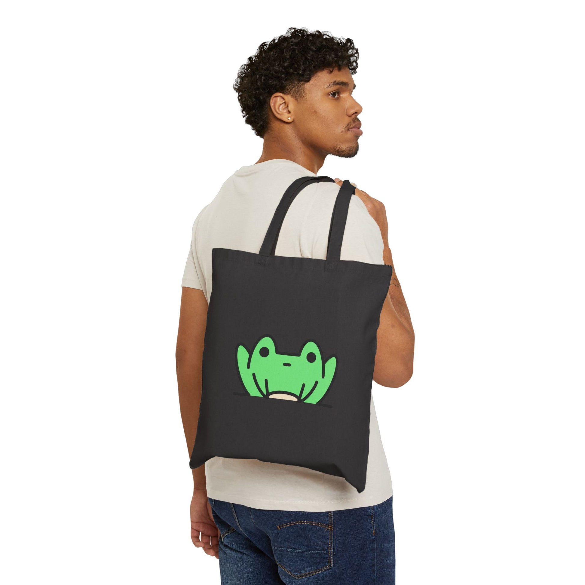 Friendly Frogger - 15" x 16" - Natural and Black - Tote Bag