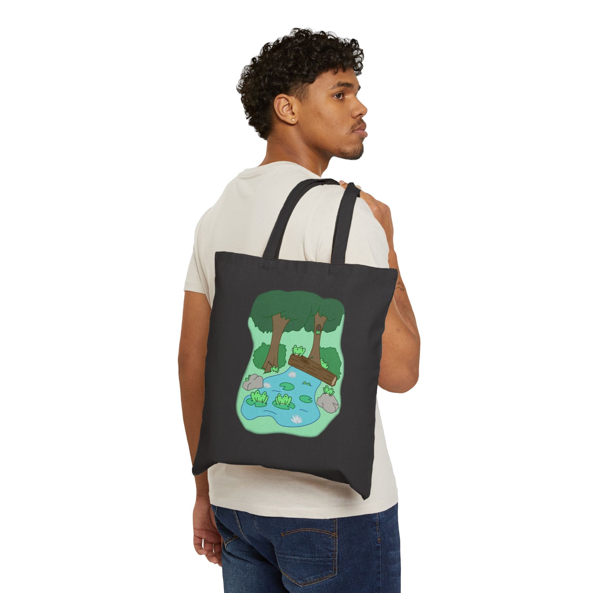 Friendly Frogger - 15" x 16" - Natural and Black - Tote Bag