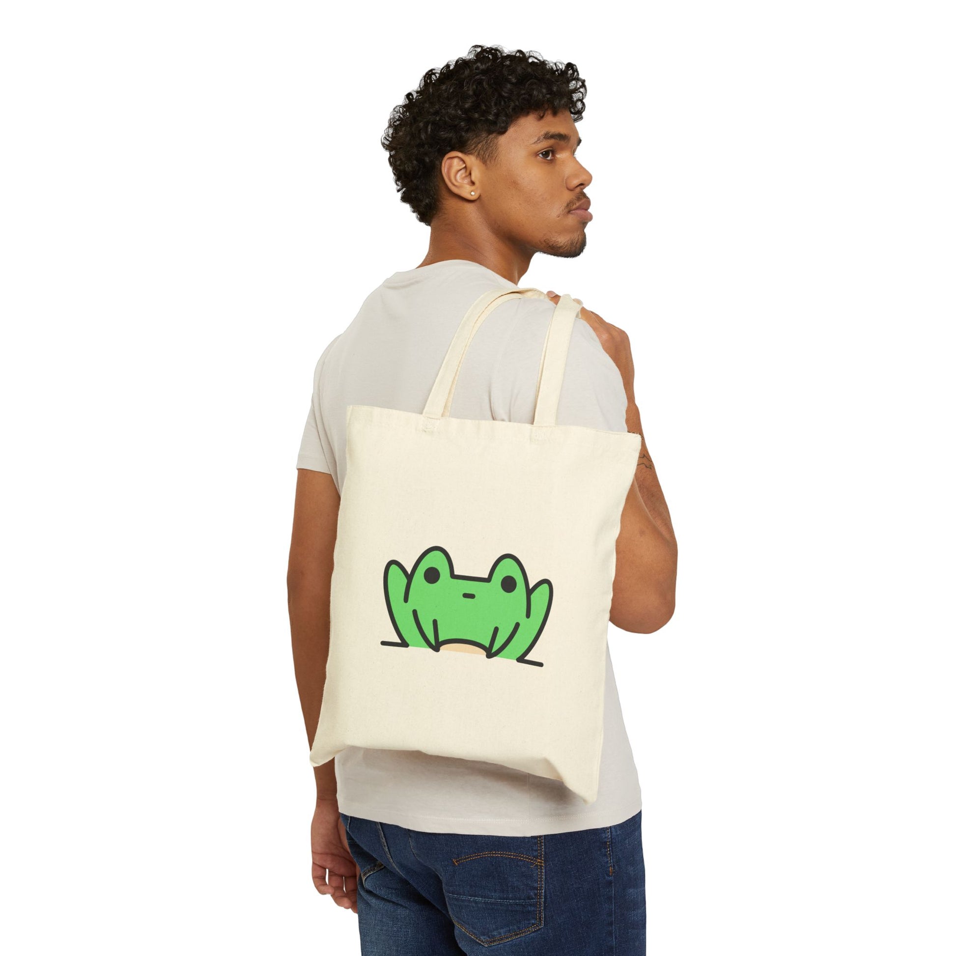 Friendly Frogger - 15" x 16" - Natural and Black - Tote Bag