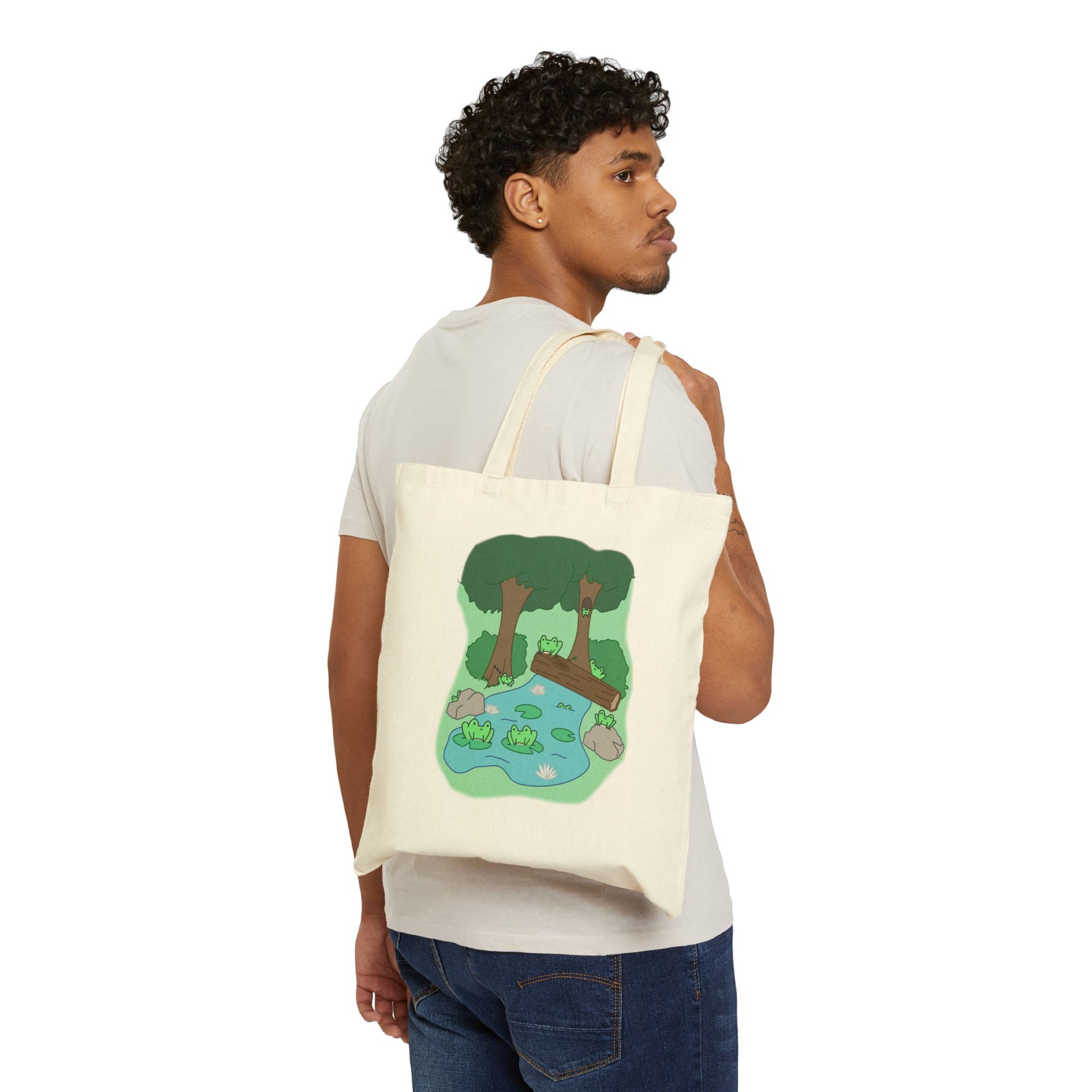 Friendly Frogger - 15" x 16" - Natural and Black - Tote Bag